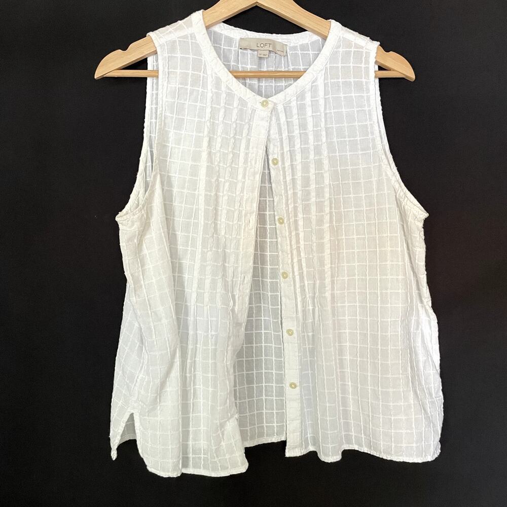 LOFT petites semi sheer white button down sleeveless embroidered top‎ women's LP